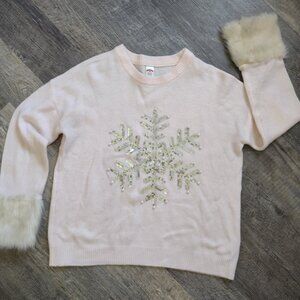 Womens Pink Sweater Metallic Snowflake + FauxFur Cuffs Sz Med by Holiday Time
